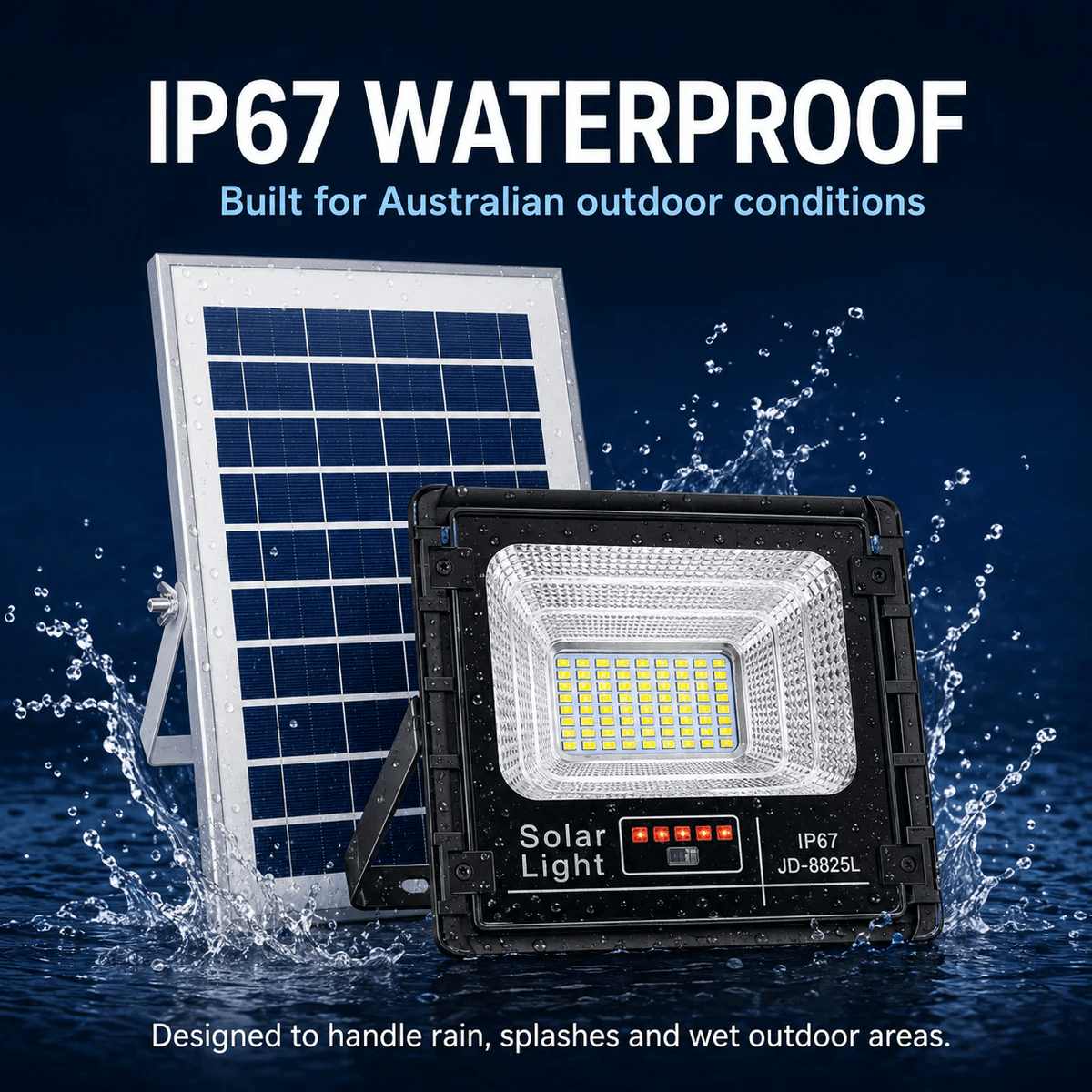 IP67 waterproof solar flood lights outdoor kit showing the LED fixture and solar panel designed to handle rain and splashes in Australian conditions.