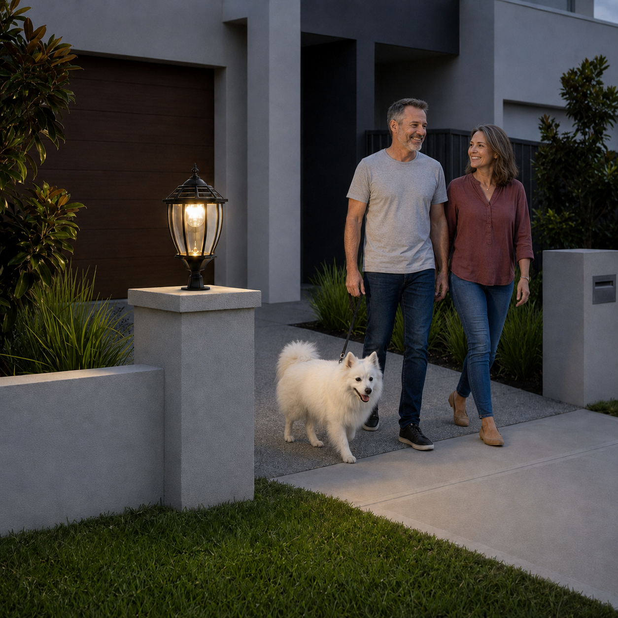Large black Victorian solar lights for driveway pillars illuminating a home entrance path as a couple walks their white dog past the glowing outdoor column light.