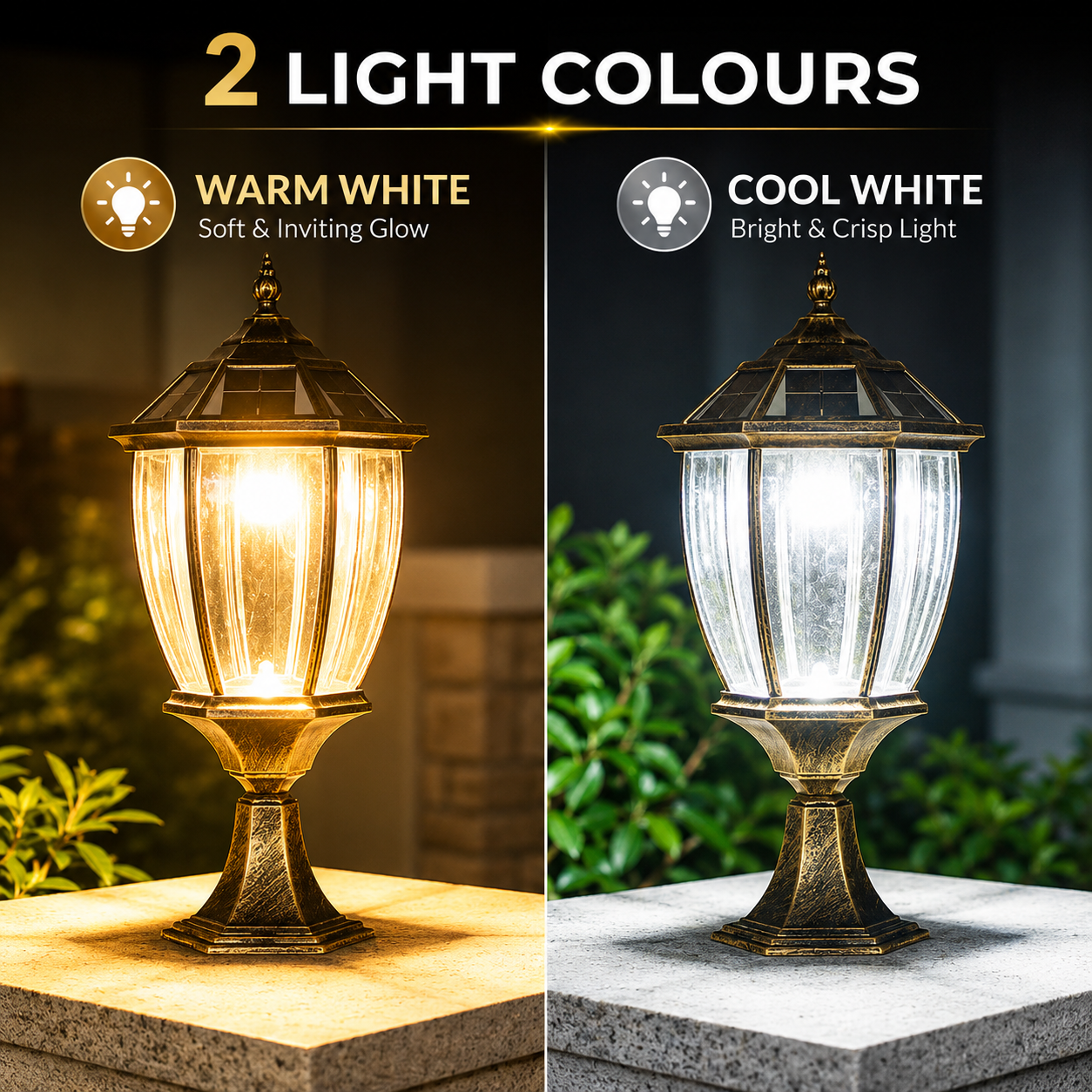 Large solar outdoor column lights demonstrating the dual color temperature options featuring a soft warm white glow and a bright cool white light profile on a pillar top.