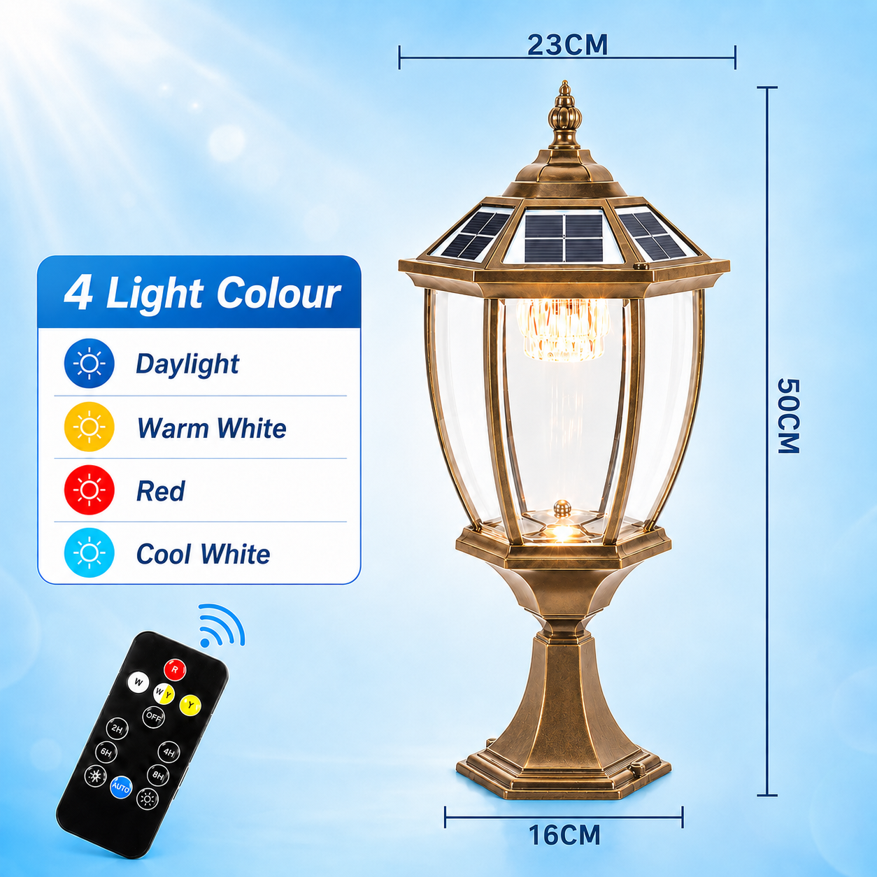 Dimensions diagram for the large solar pillar lights showing a 50cm height, 23cm top diameter, 16cm base width, and 4 light colour options for porch post lights.