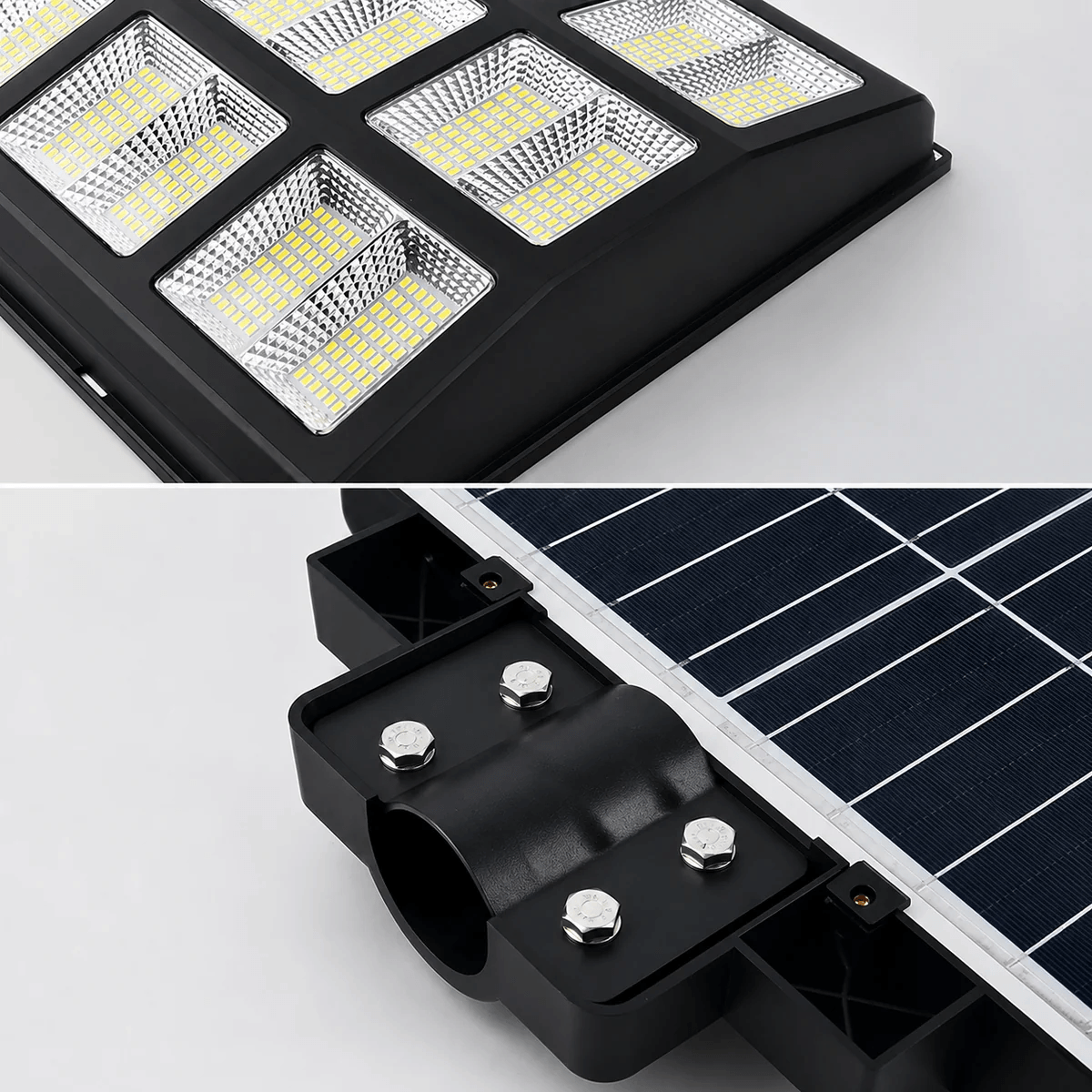 Close up detail of high efficiency smd led chips and a heavy duty polycrystalline solar panel mounting bracket