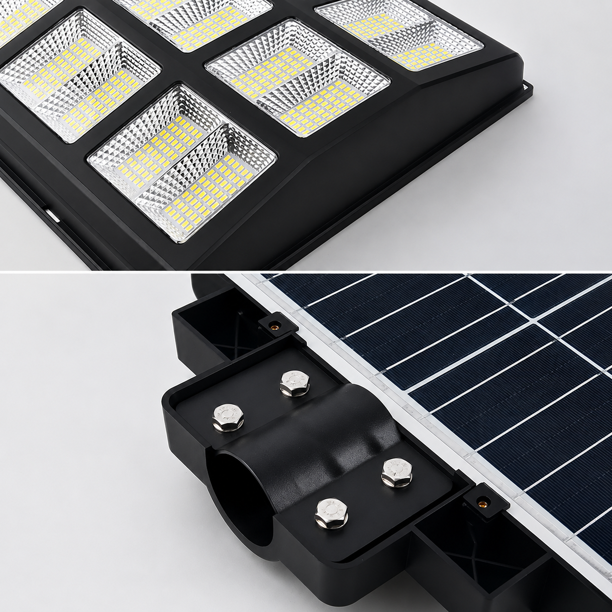 Close up detail of high efficiency smd led chips and a heavy duty polycrystalline solar panel mounting bracket