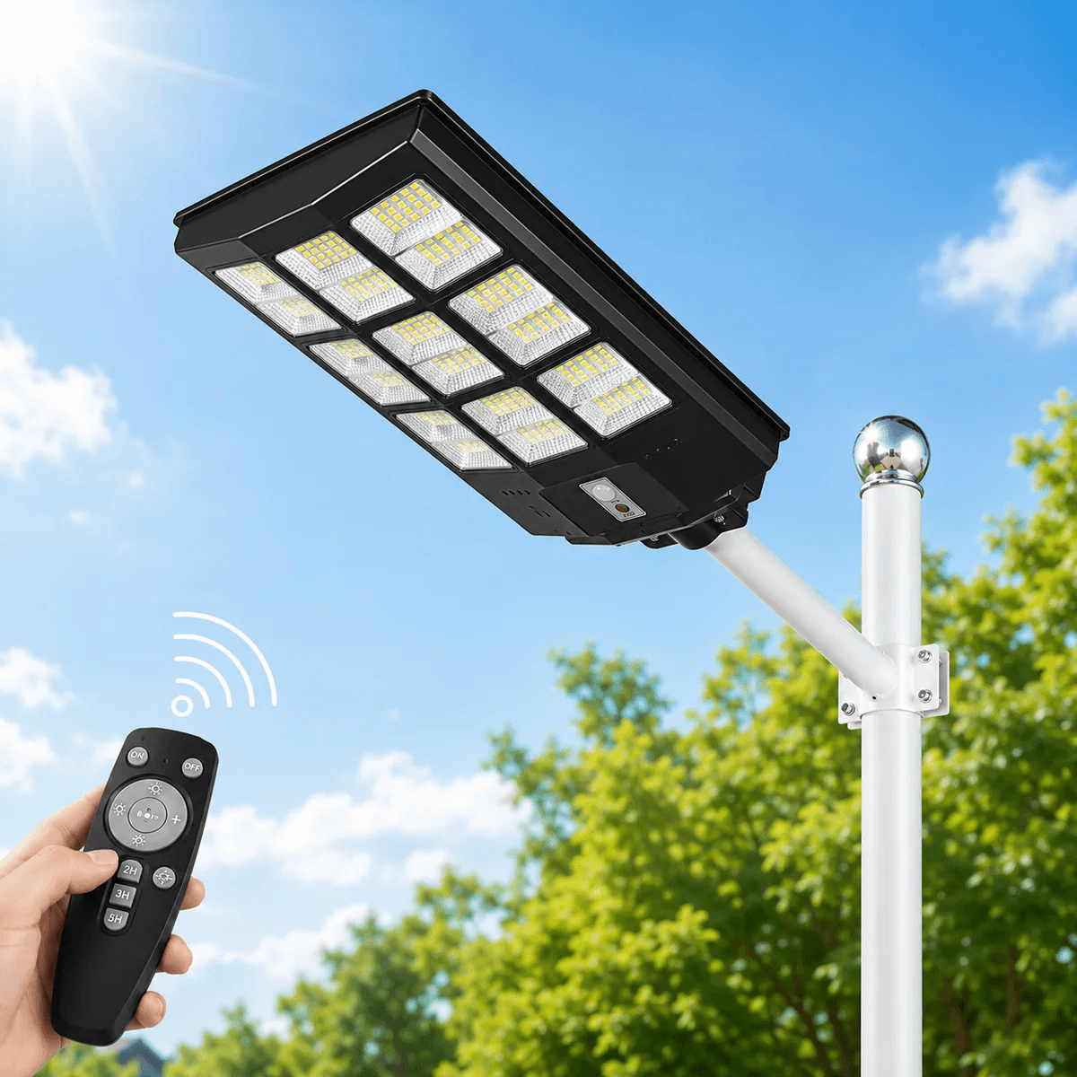 LED solar street light with remote control showing weather resistant outdoor pole mounting for Australian homes