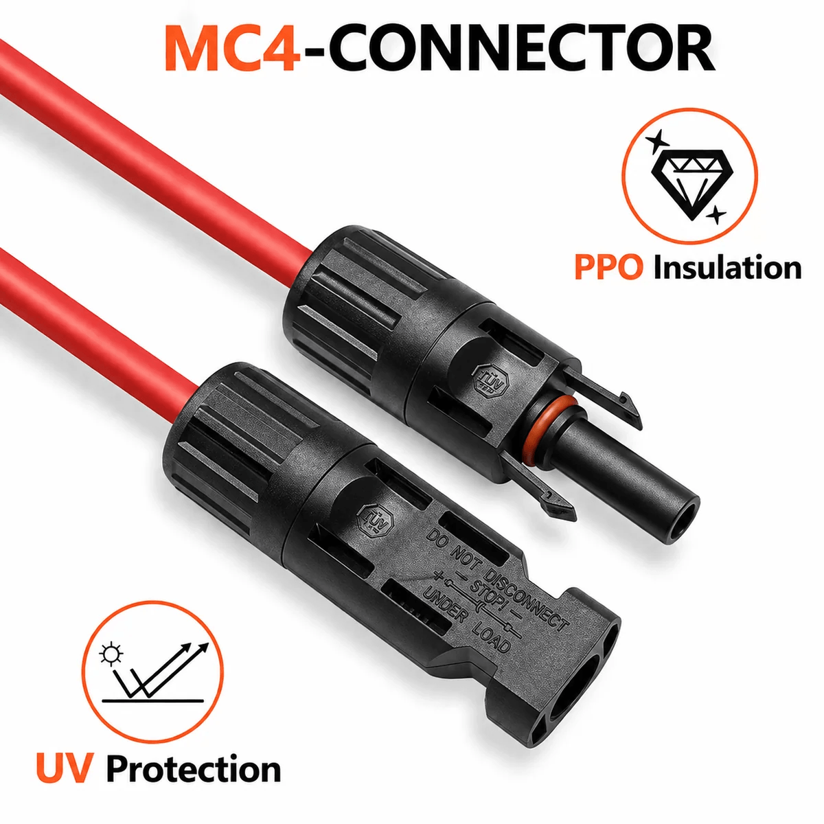 Close-up infographic of an MC4 connector cable showcasing premium flame-retardant PPO insulation layer and UV protection jacket for reliable solar panel wire extensions.