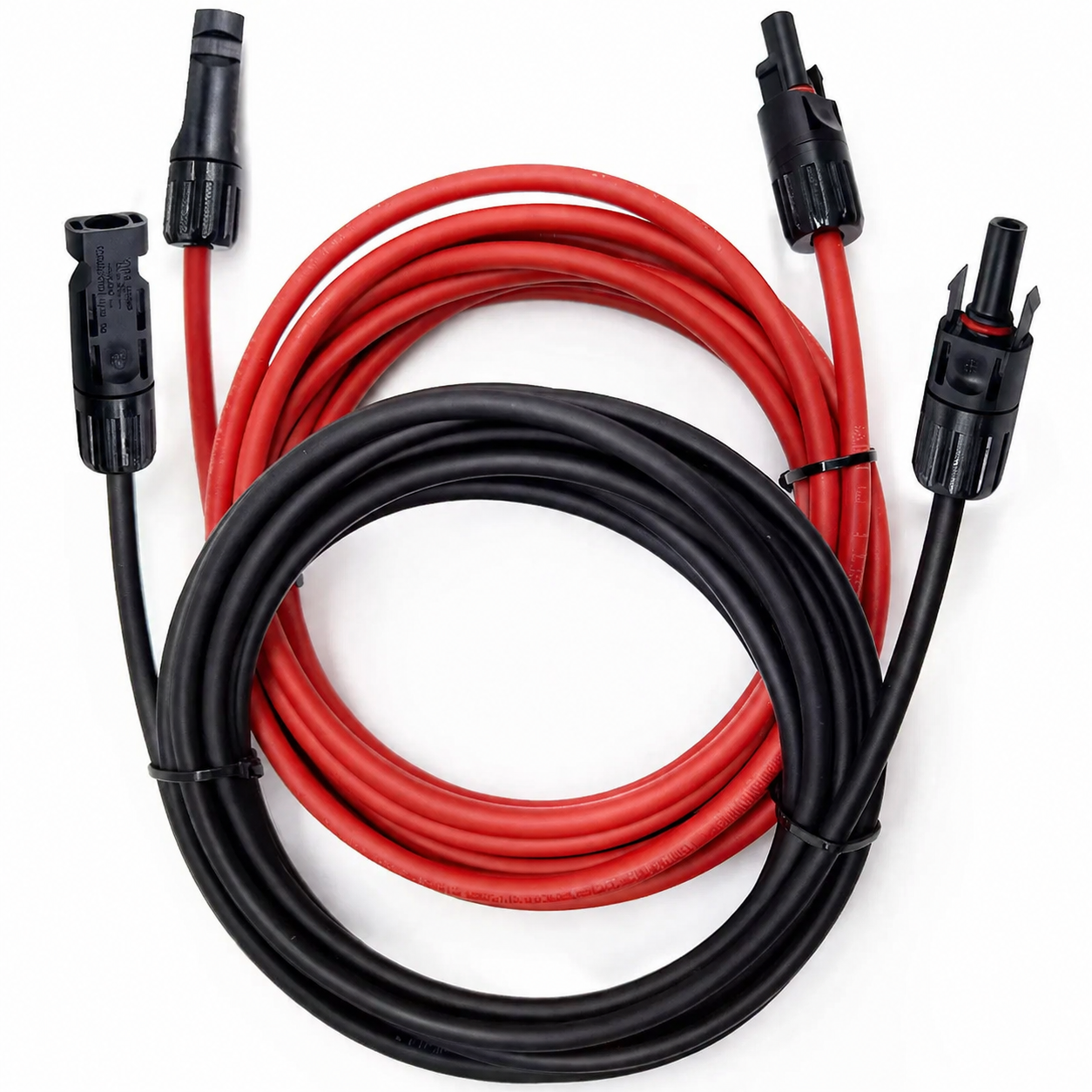 Coiled red and black MC4 extension cable showcasing high-purity tinned copper solar panel extension lead wires with IP67 male female waterproof connectors.