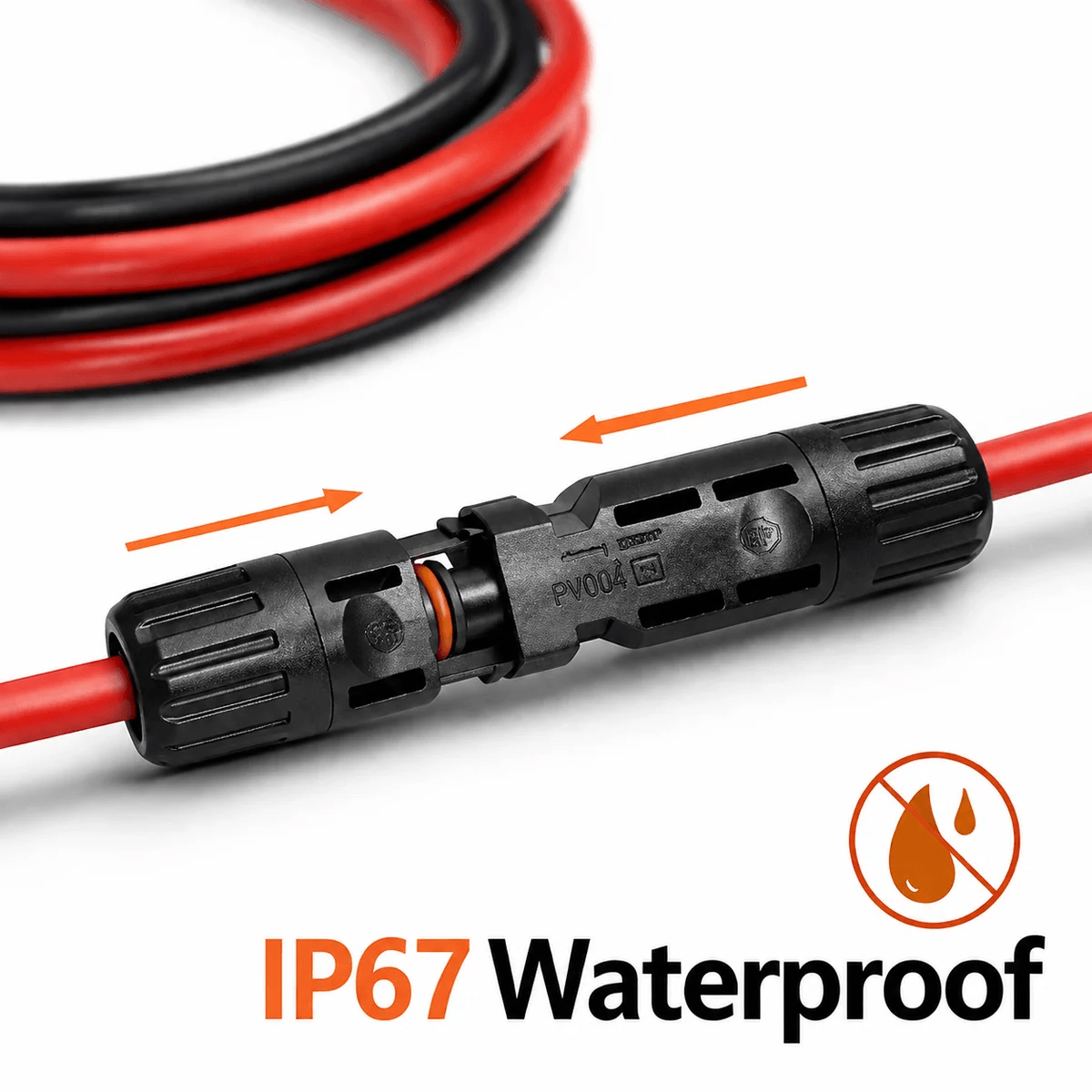 An IP67 waterproof MC4 male female extension cable connection diagram demonstrating how the plug locks together securely for a reliable solar panel wire extension.