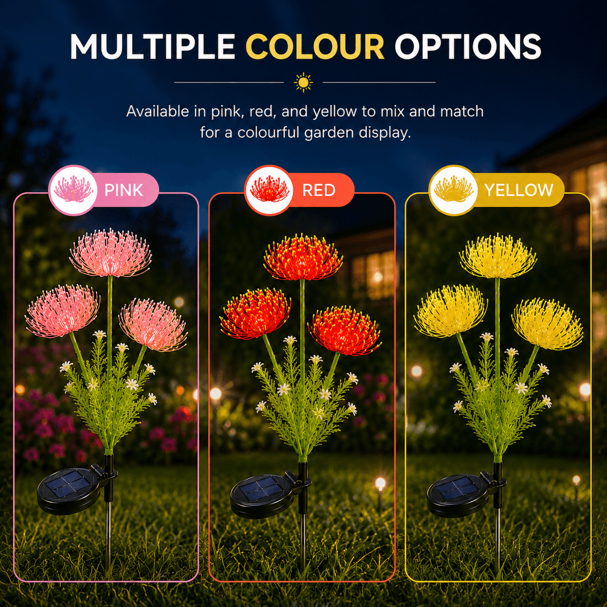 Product color options display showcasing pink red and yellow variations of solar flower garden lights Australia setup to mix and match on a backyard lawn at night.