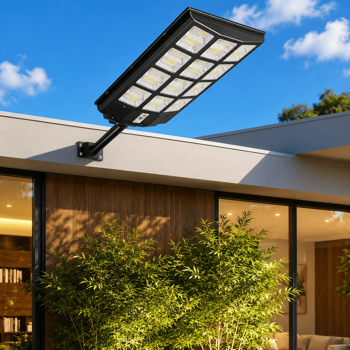 Modern wall mounted solar street light installed above the roofline of a contemporary Australian house facade