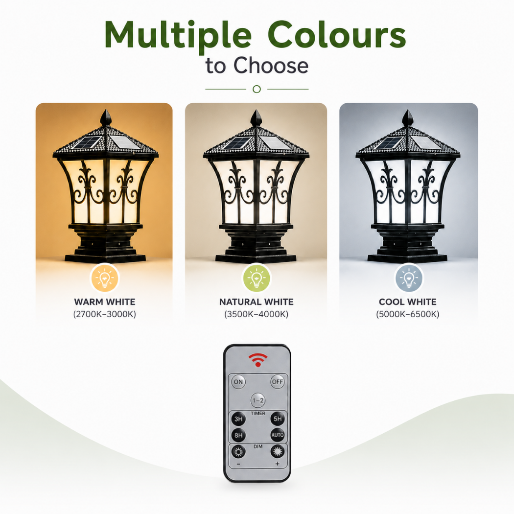 A color temperature breakdown of the premium solar post light Australia properties use, displaying selectable warm white, natural white, and cool white modes controlled via remote.