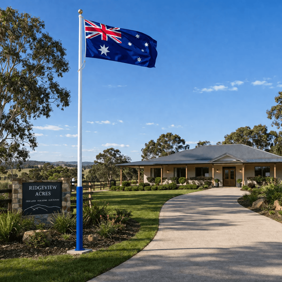 A multi-purpose galvanized pole installed at a rural Australian property entrance, flying the Australian national flag next to a homestead driveway and entrance gate sign.