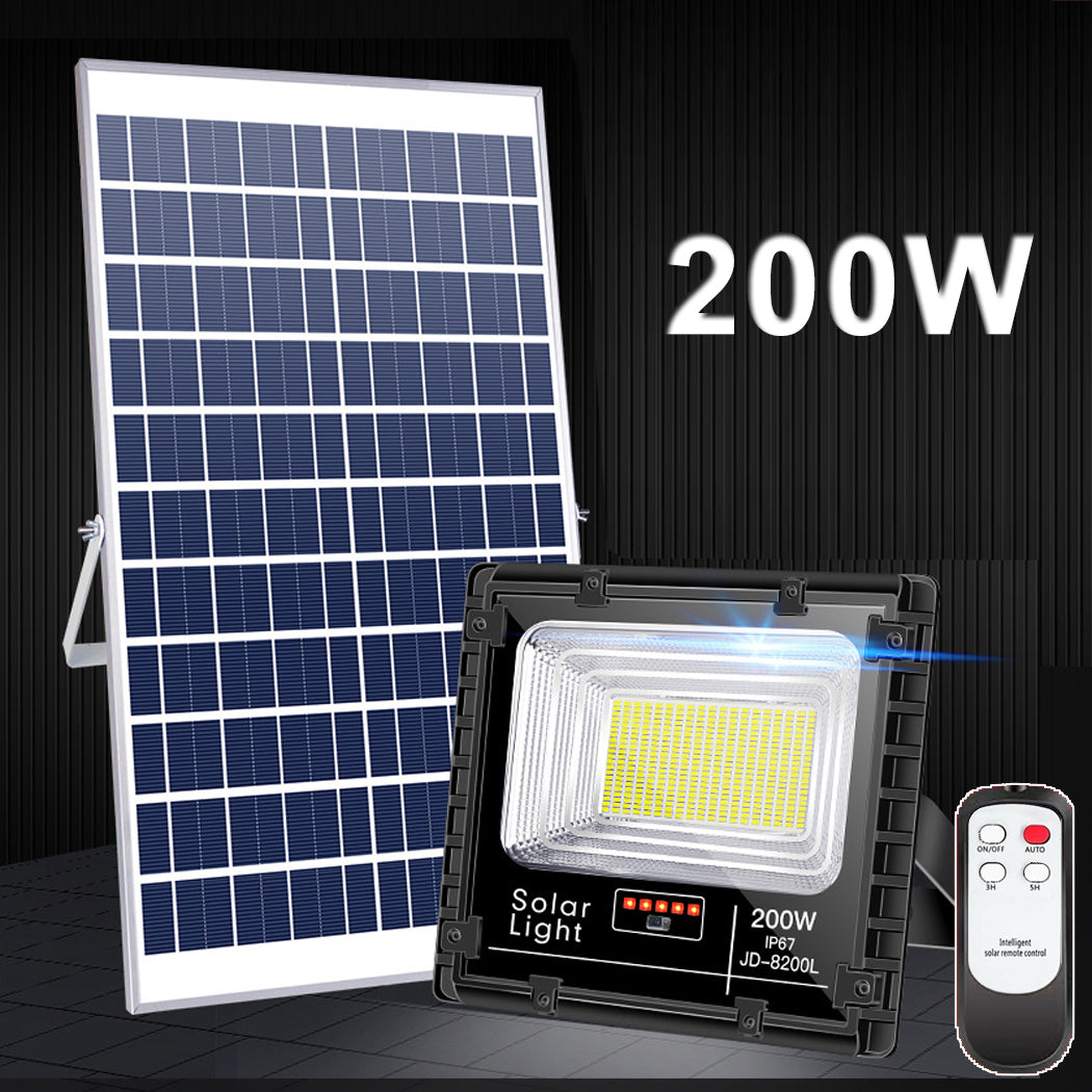 200W solar-powered floodlight with remote control and high-efficiency solar panel. Features IP67 waterproof rating and model JD-8200L for outdoor lighting solutions.