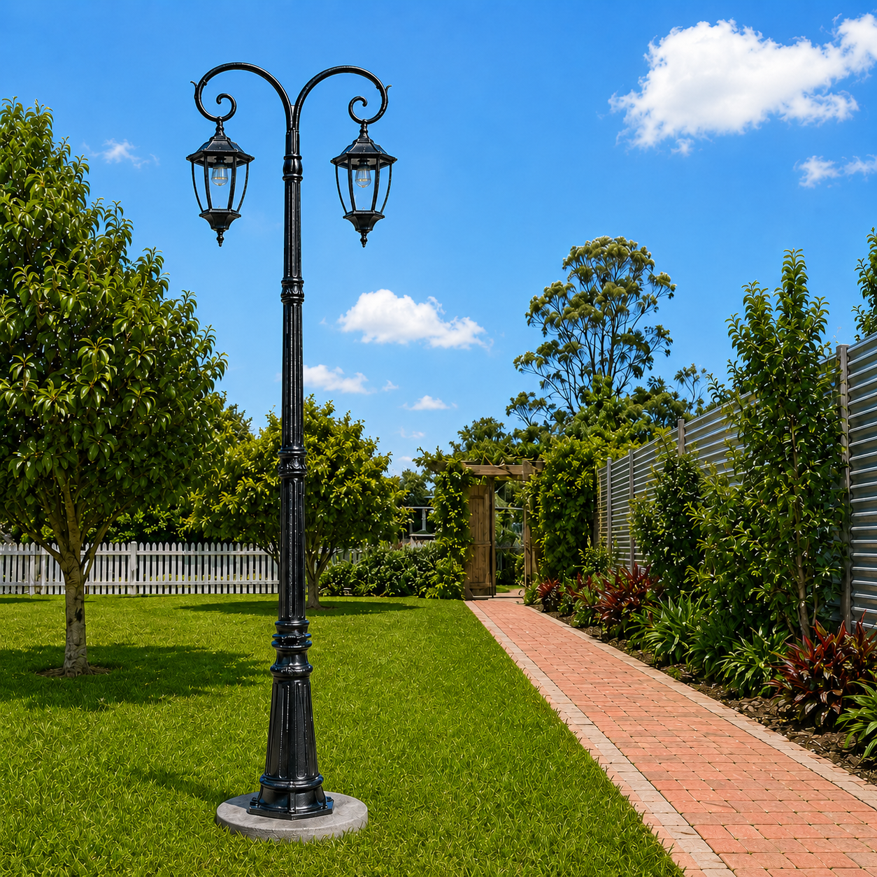 Outdoor dual head solar pillar lamp in matte black, installed on a concrete base next to a red brick garden path and open green lawn layout.