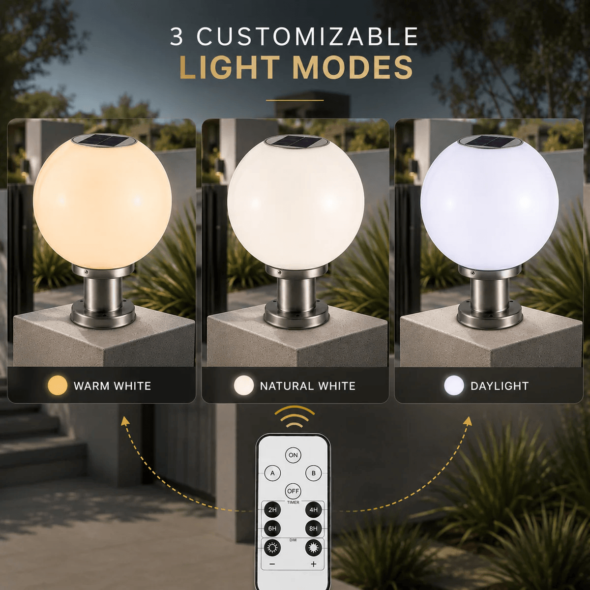 Outdoor Globe Ball Light Solar infographic displaying warm white natural white and daylight settings with a remote control for Australian backyards