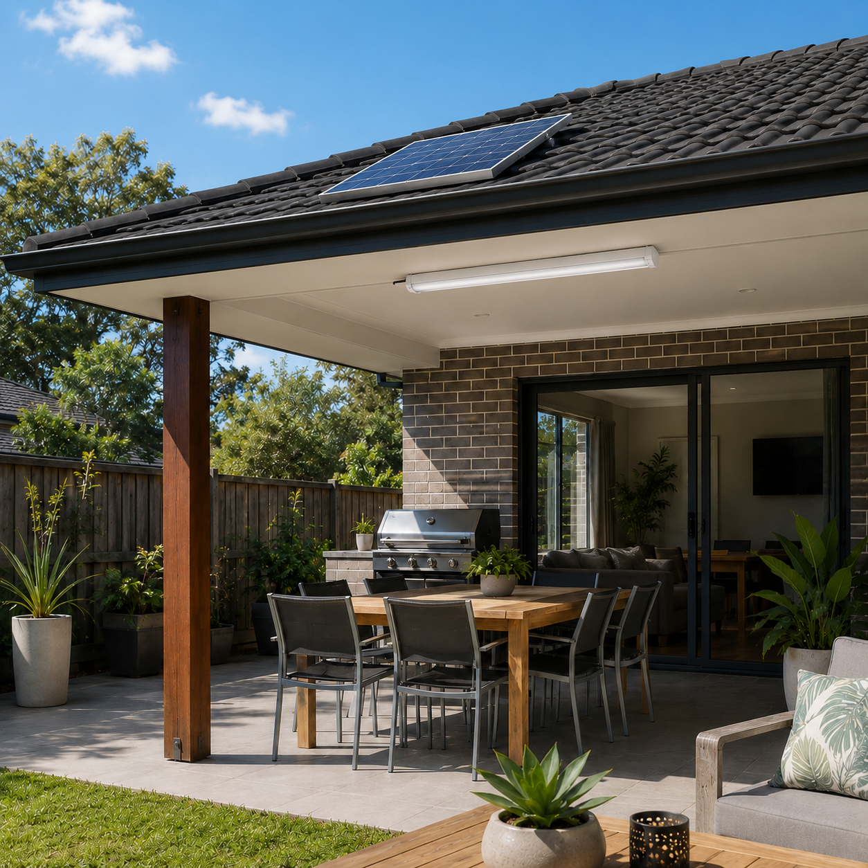 Outdoor patio dining area with a solar tube light installed under the roof eave connected to a roof mounted solar panel.