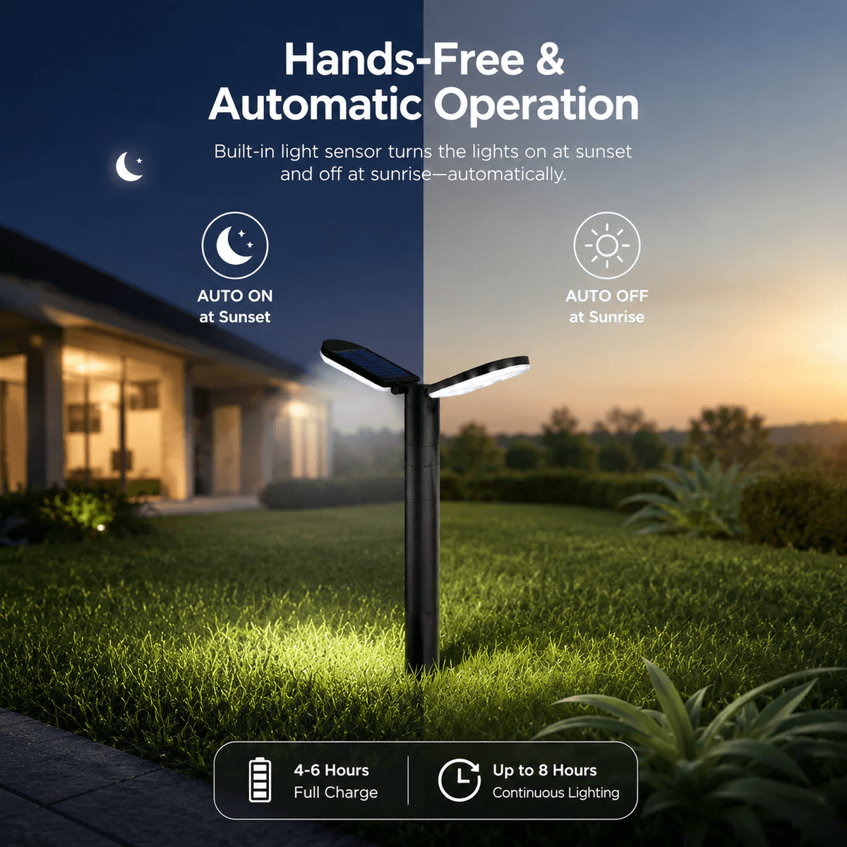 Outdoor solar lawn lights with hands free automatic operation switching on at sunset and off at sunrise with 4 to 6 hour charge providing up to 8 hours of continuous lighting