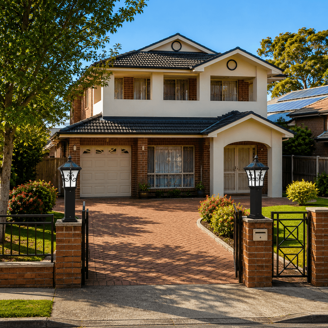 Outdoor solar pillar light black design installed on brick pillars at a house driveway entrance, showcasing landscape lighting for an Australian residential home.
