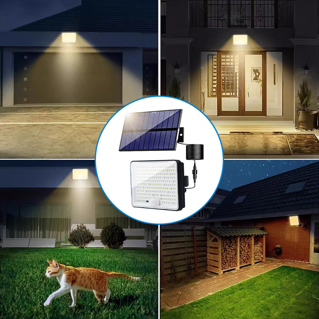 Outdoor solar security light illuminating a garage driveway, front entrance, backyard garden, and patio path.