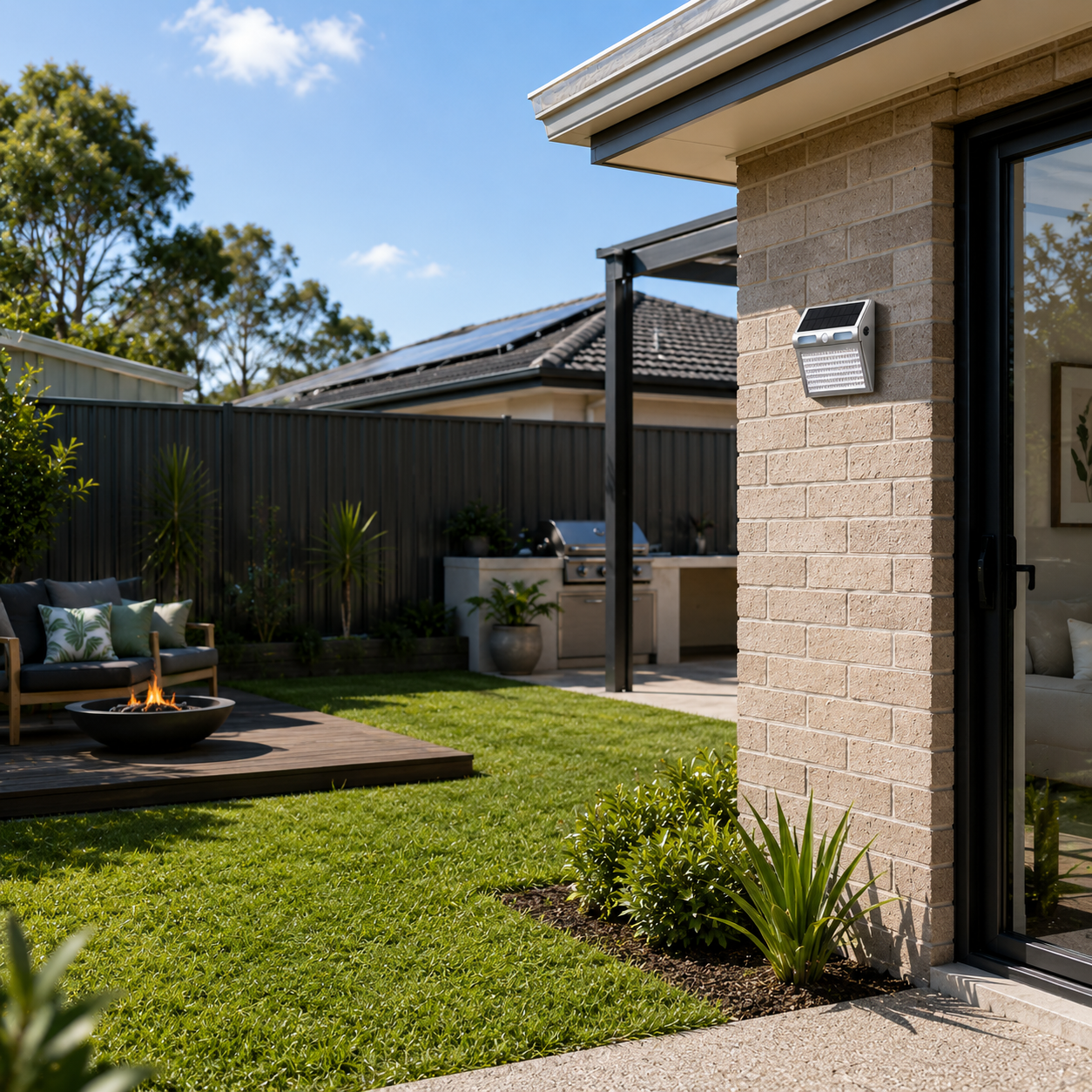 Stainless steel outdoor solar sensor wall light motion fixture mounted on a brick house wall overlooking a modern Australian backyard garden patio and barbecue area.
