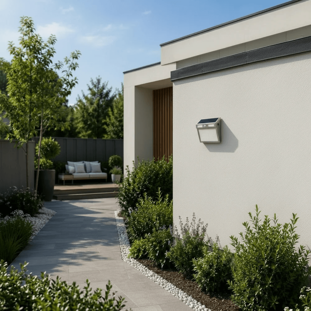 Stainless steel outdoor solar sensor wall light motion fixture mounted on a modern white house exterior wall illuminating a landscaped garden pathway and patio.