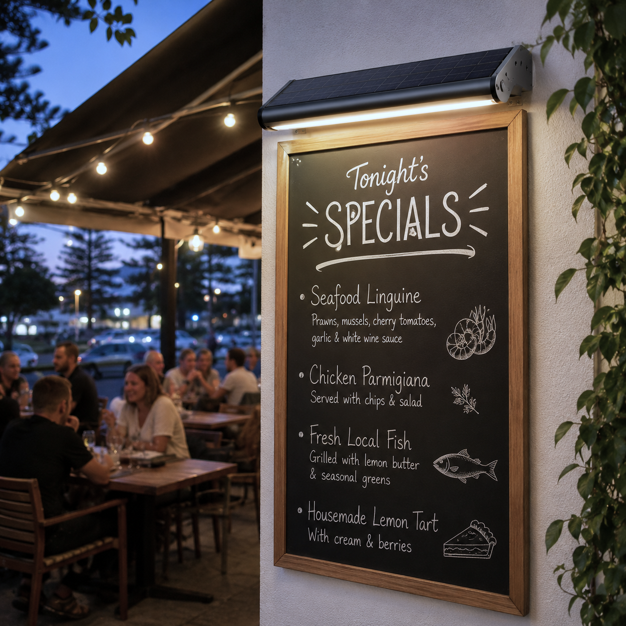 A 60cm bar style outdoor solar sign lighting fixture illuminates a handwritten tonight's specials chalkboard menu outside a busy Australian restaurant at dusk.