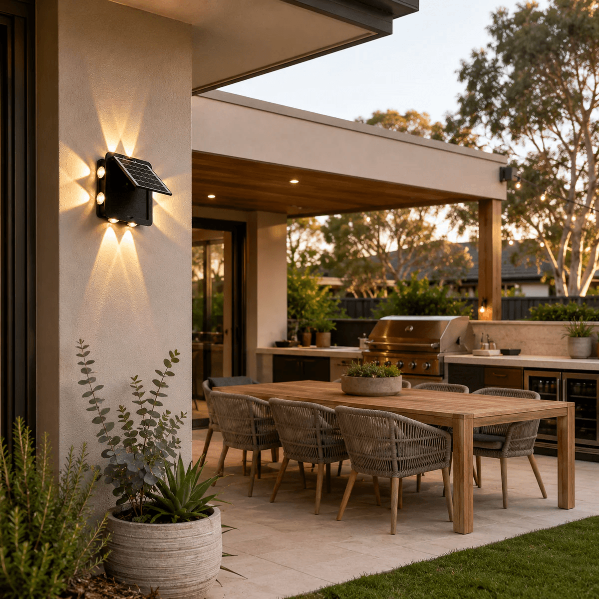 A premium outdoor solar wall light mounted on a house pillar, illuminating a modern Australian backyard alfresco dining area and BBQ patio.
