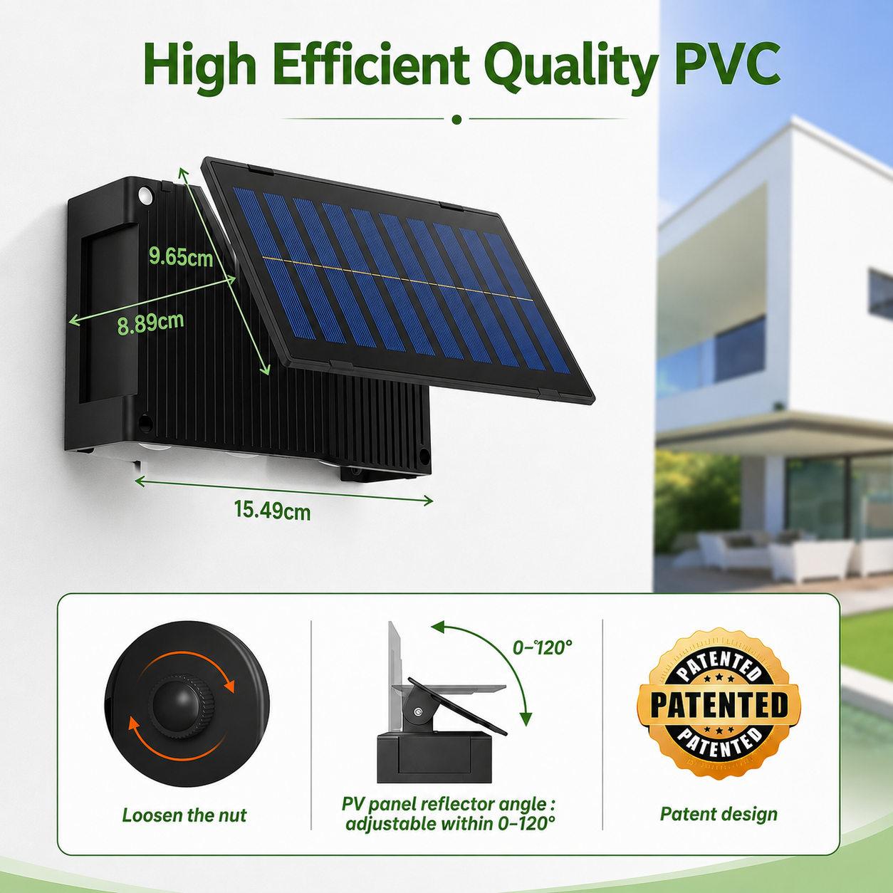 High efficient quality PVC outdoor solar wall lights with adjustable PV panel reflector angle showing dimensions and patented design.