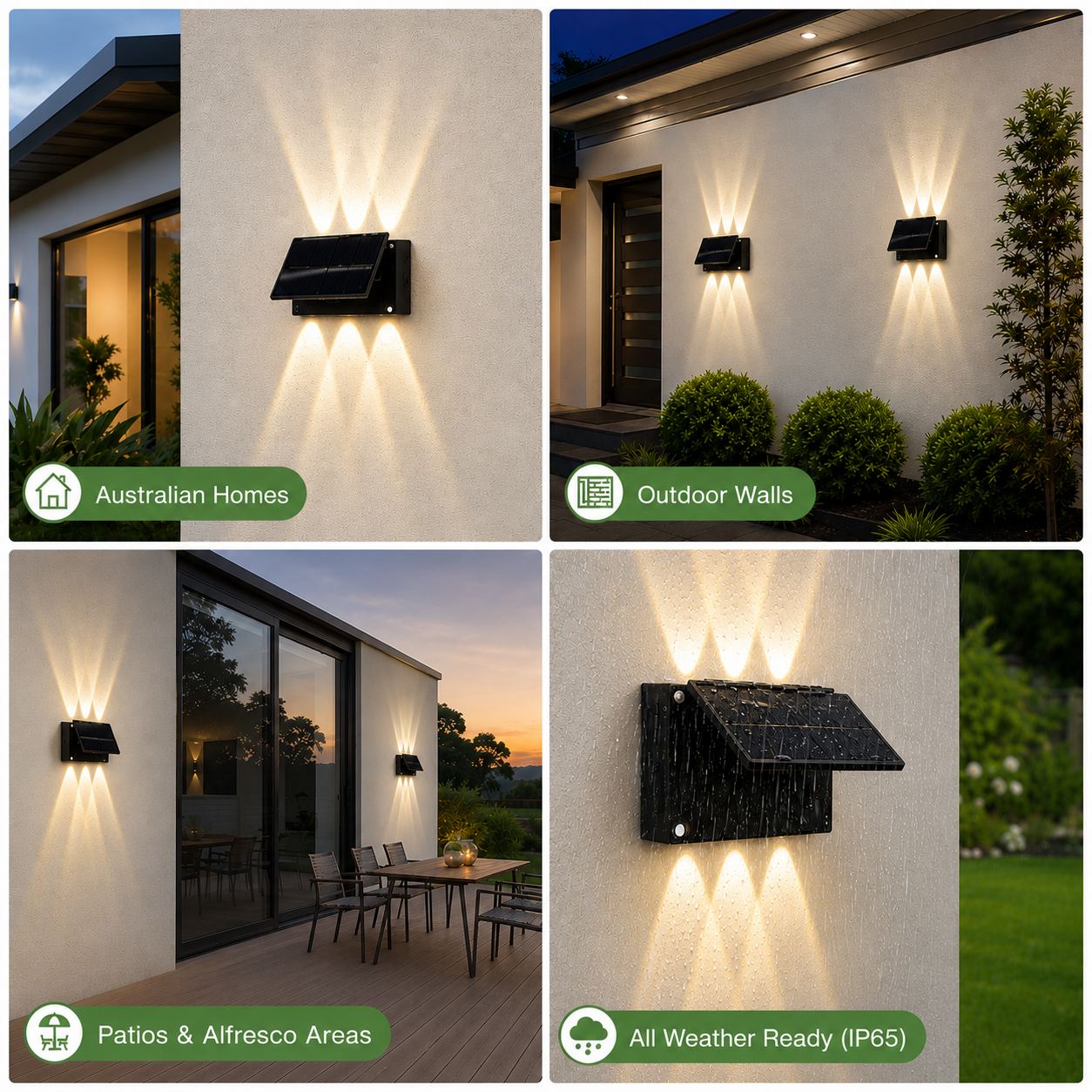 Four-panel feature collage of outdoor solar wall lights up and down on Australian homes showing outdoor walls, patios, alfresco areas, and IP65 all weather ready performance in rain.