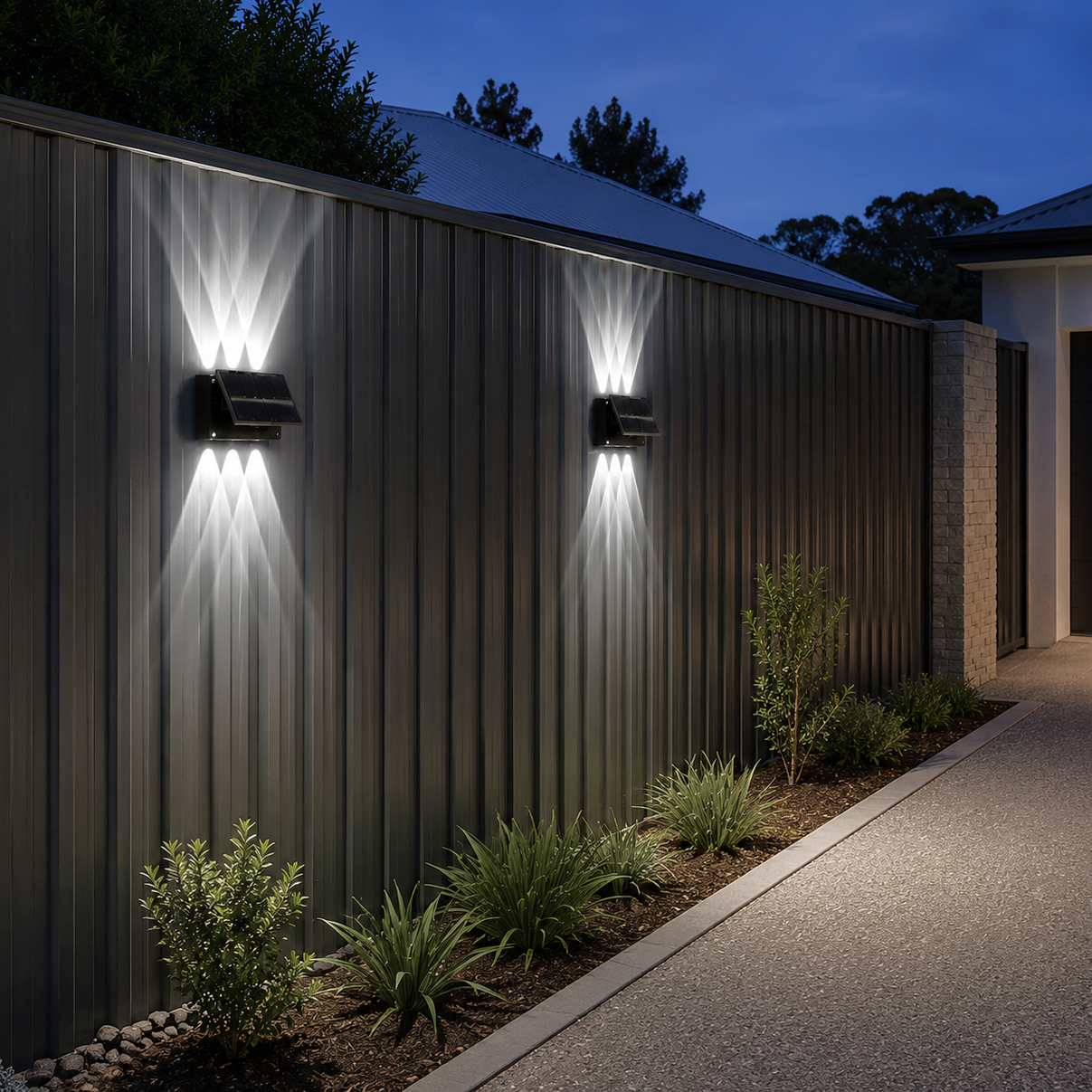 Outdoor solar wall lights up and down casting bright cool white symmetrical beams on a modern grey colorbond fence line in Australia.