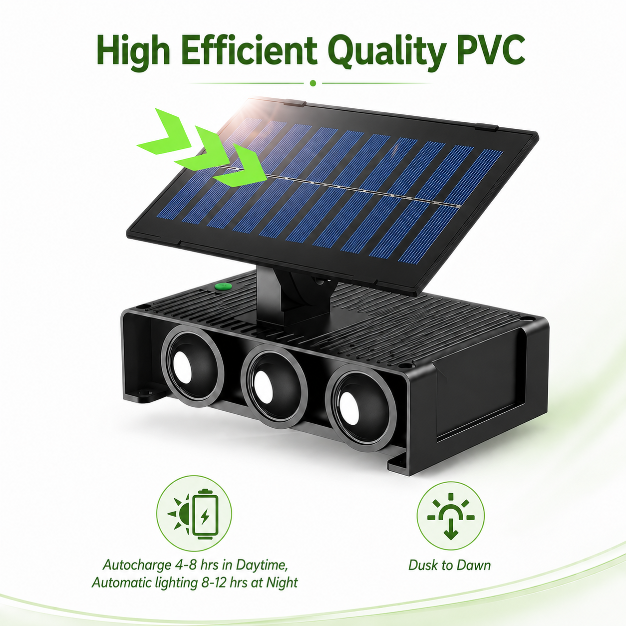 High efficient quality PVC outdoor solar wall lights with automatic autocharge function showing 8-12 hours dusk to dawn lighting capability.