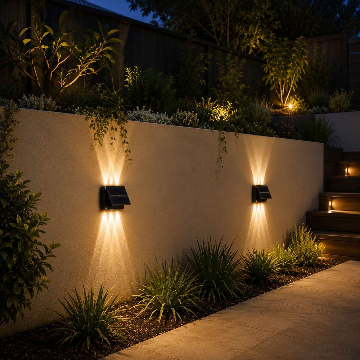 Outdoor solar wall lights up and down mounted on a concrete retaining wall casting warm accent beams across a landscaped garden path in Australia.