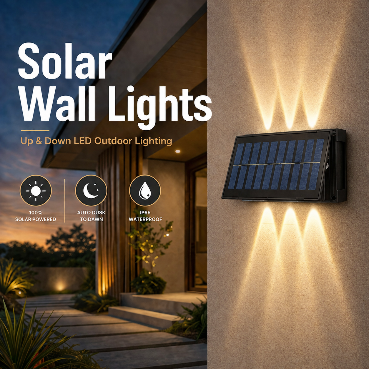 Up and down LED outdoor lighting featuring waterproof solar wall lights casting symmetrical warm beams on a home entryway feature wall in Australia.