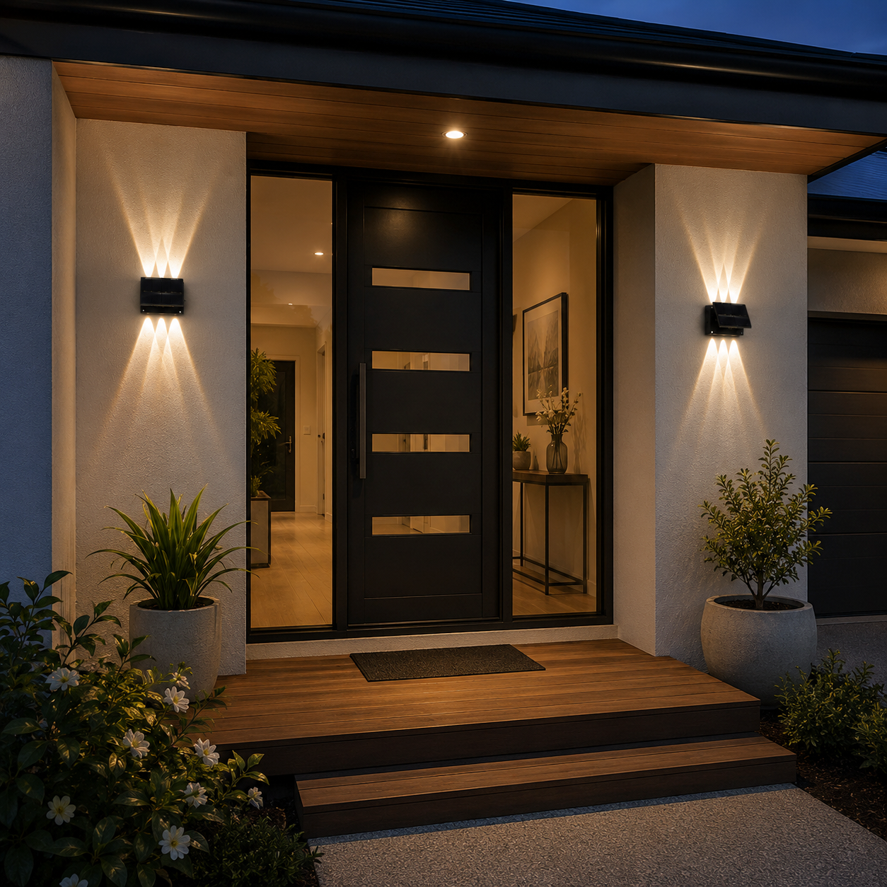 Symmetrical outdoor solar wall lights up and down installed on either side of a modern house front door entryway in Australia.