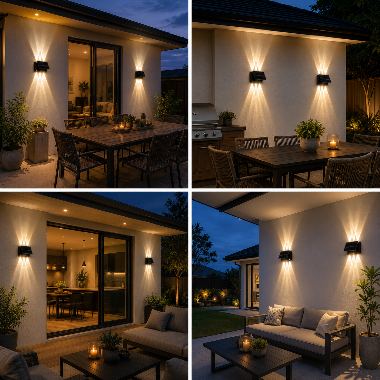 Four-panel collage showing outdoor solar wall lights up and down design ideas across different Australian backyard entertaining spaces, patios, and alfresco dining areas.
