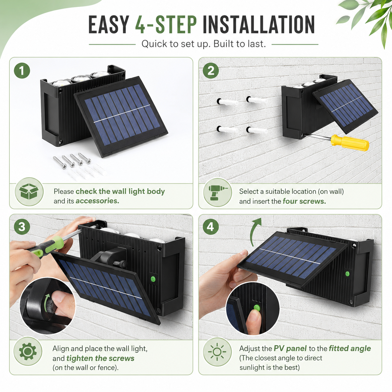 Easy 4-step installation guide for outdoor solar wall lights up and down showing cordless screw setup on a wall or fence in Australia.