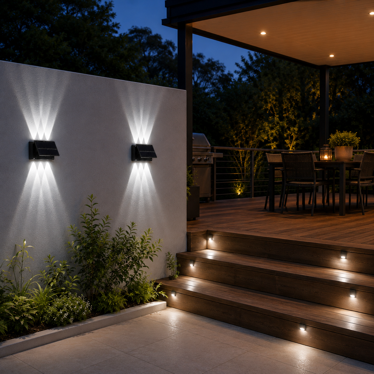 Outdoor solar wall lights up and down casting warm light on a render wall next to a backyard patio deck and alfresco entertaining area in Australia.