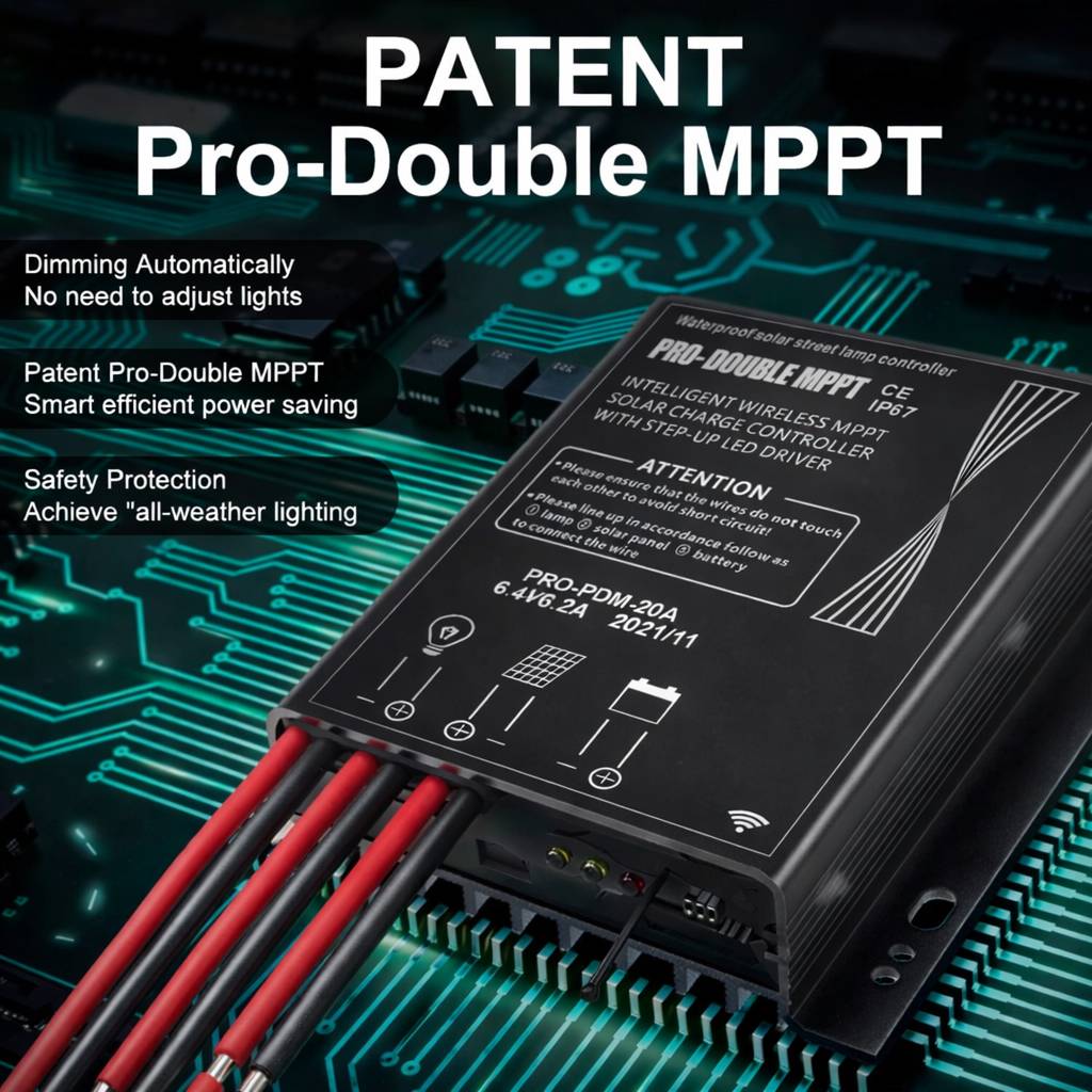 Patent Pro-Double MPPT solar charge controller inside the premium solar sensor flood lights to provide automatic dimming and all weather security lighting.