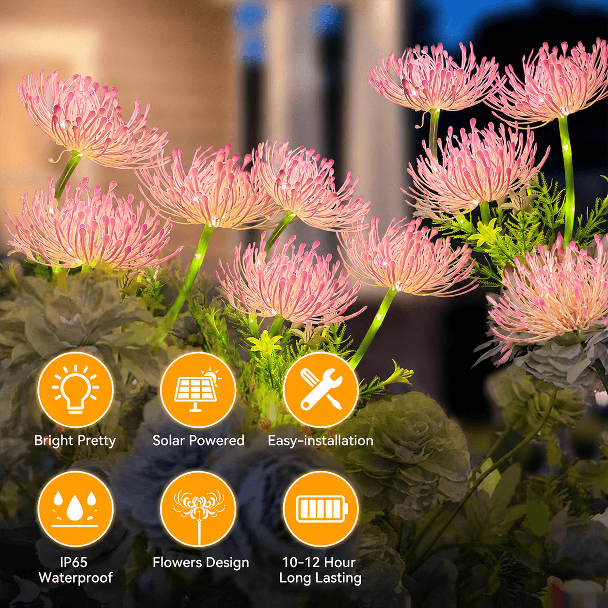 Product feature infographic showcasing bright pretty pink solar powered flower lights outdoor setup with glowing stems and 10 to 12 hour battery life icons.