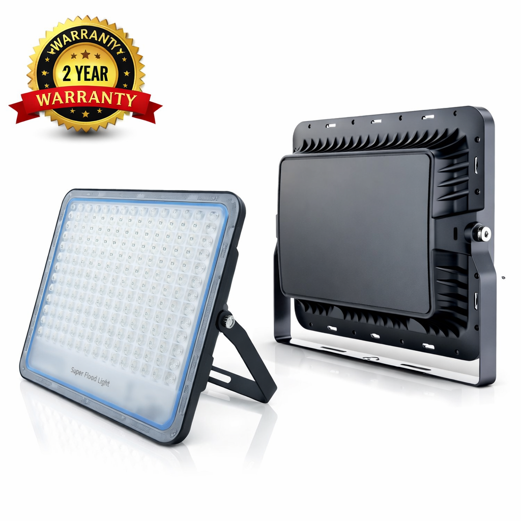 Front and rear view of the premium solar sensor flood lights featuring a two year warranty badge highlighting product reliability.
