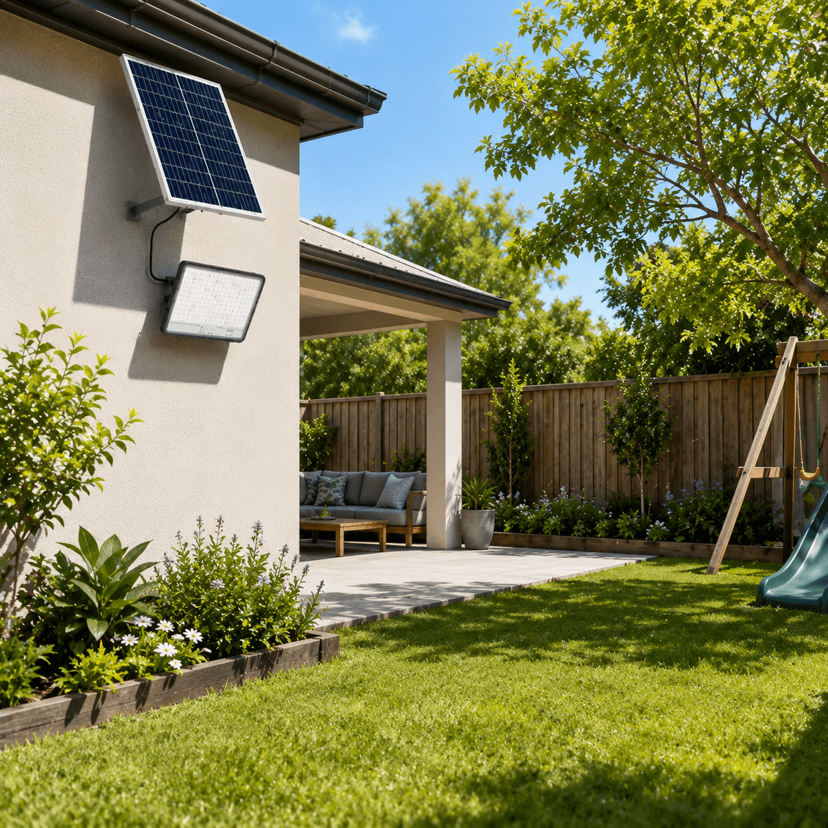 Premium solar sensor flood lights mounted on a residential wall illuminating a backyard lawn, patio outdoor seating area, and garden fence.