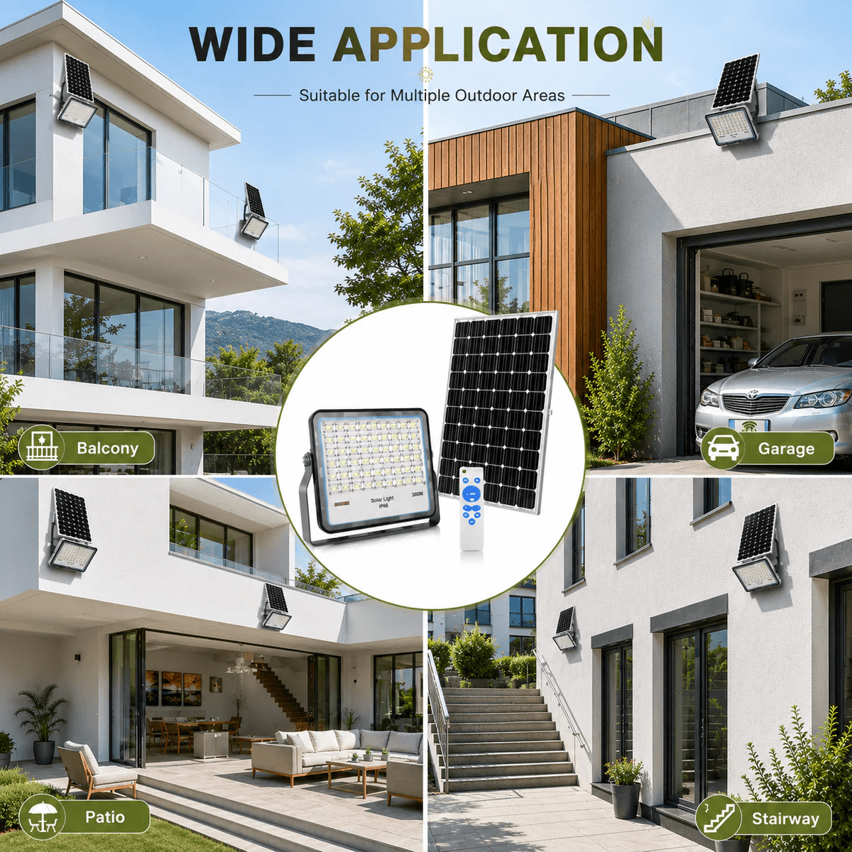 Premium solar sensor flood lights installed in multiple outdoor areas including a residential balcony, modern garage entryway, patio courtyard, and exterior stairway.
