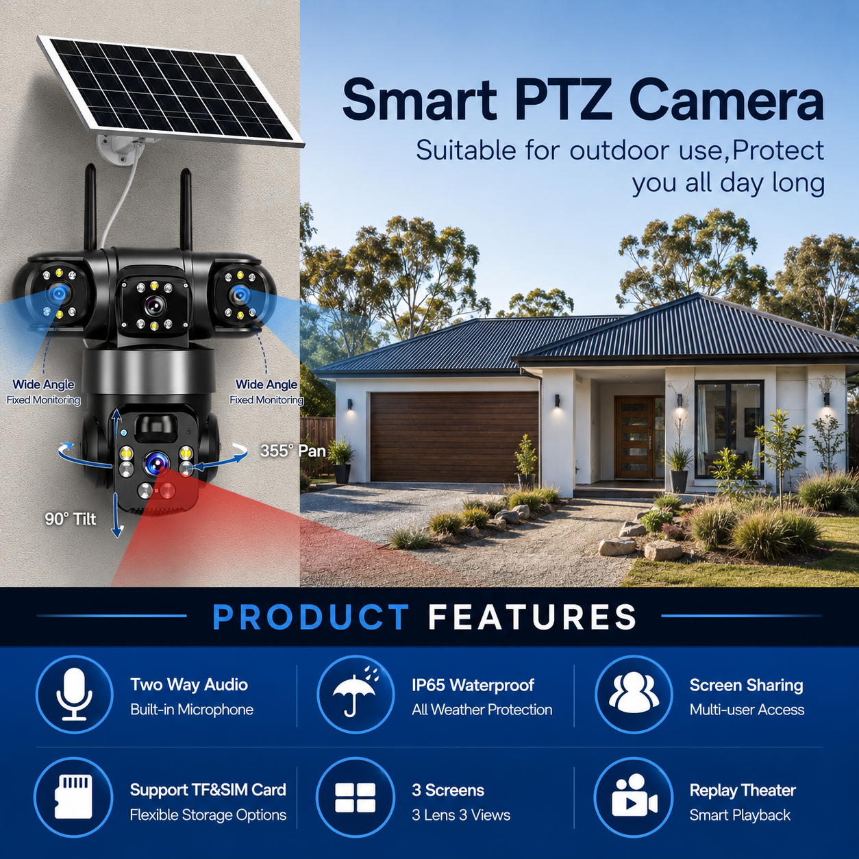 PTZ solar camera outdoor layout featuring 355 degree pan and 90 degree tilt control next to a home driveway, highlighting the IP65 waterproof housing and two way audio for complete property protection.