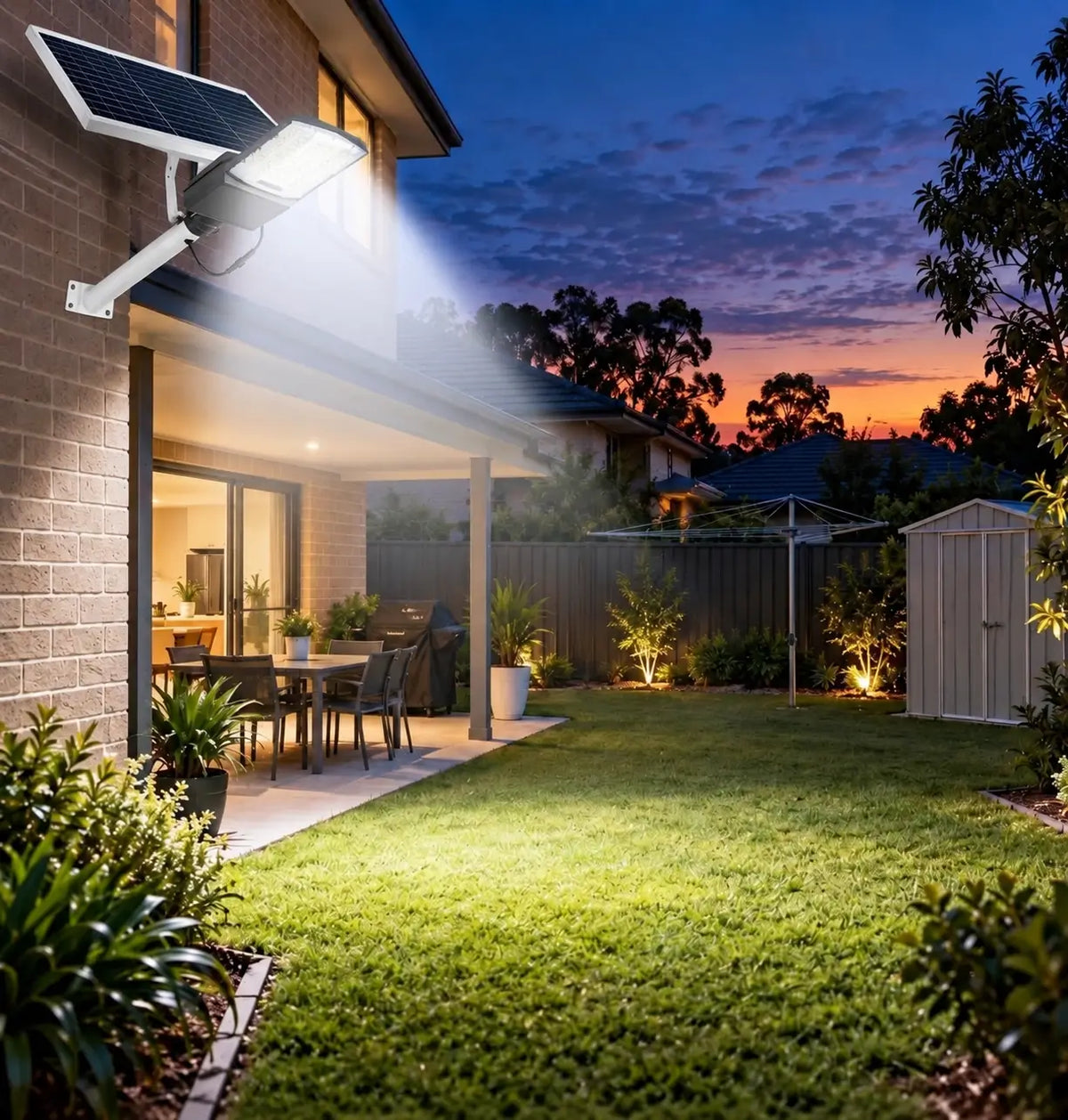 Rainman G20 solar street light wall-mounted on a brick home illuminating an outdoor alfresco patio dining area, green grass lawn, garden shed, and backyard hills at sunset.