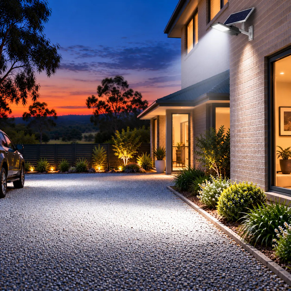 Rainman G20 solar security street light installed on an exterior home wall providing bright wide angle path illumination over a gravel driveway and country acreage garden at dusk.