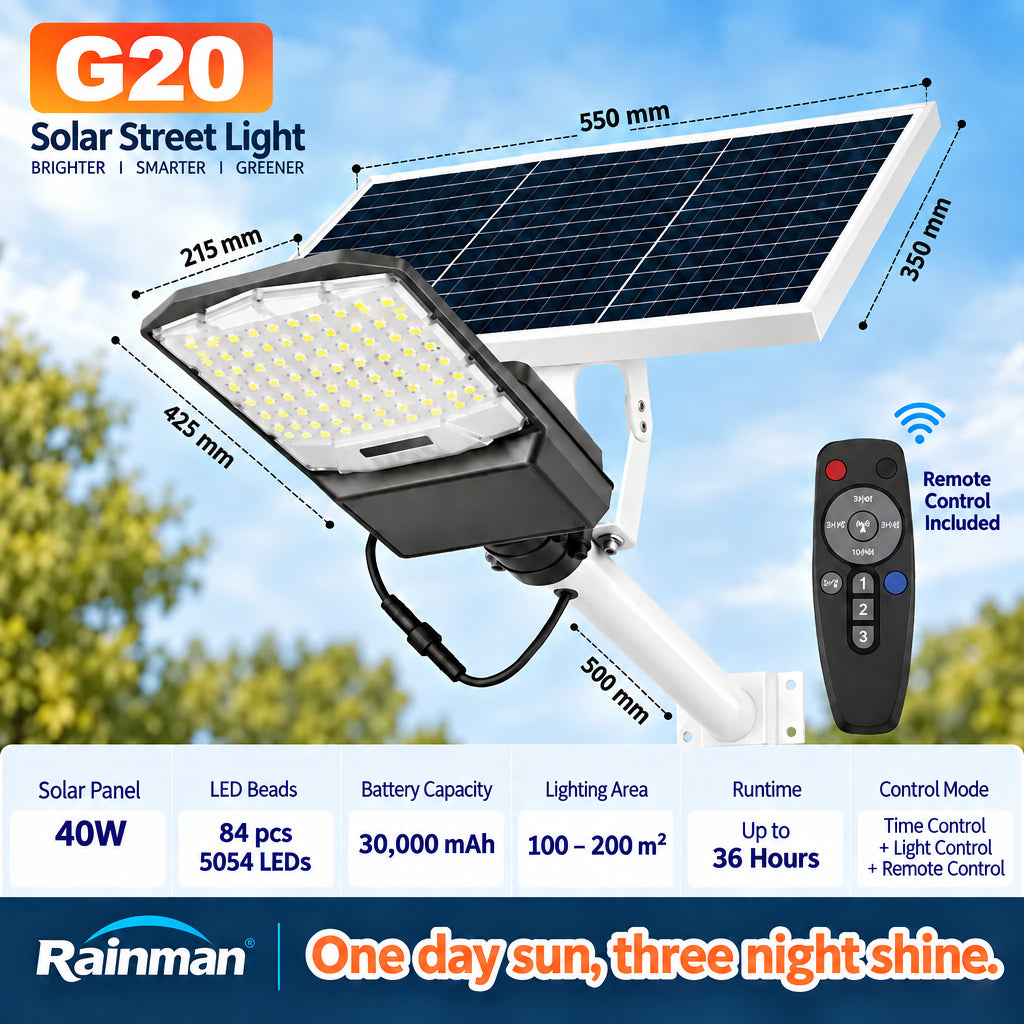 Technical infographic diagram showing the Rainman G20 solar street light physical dimensions including a 550mm by 350mm solar panel, a 500mm mounting arm, and a list of internal key component specifications.