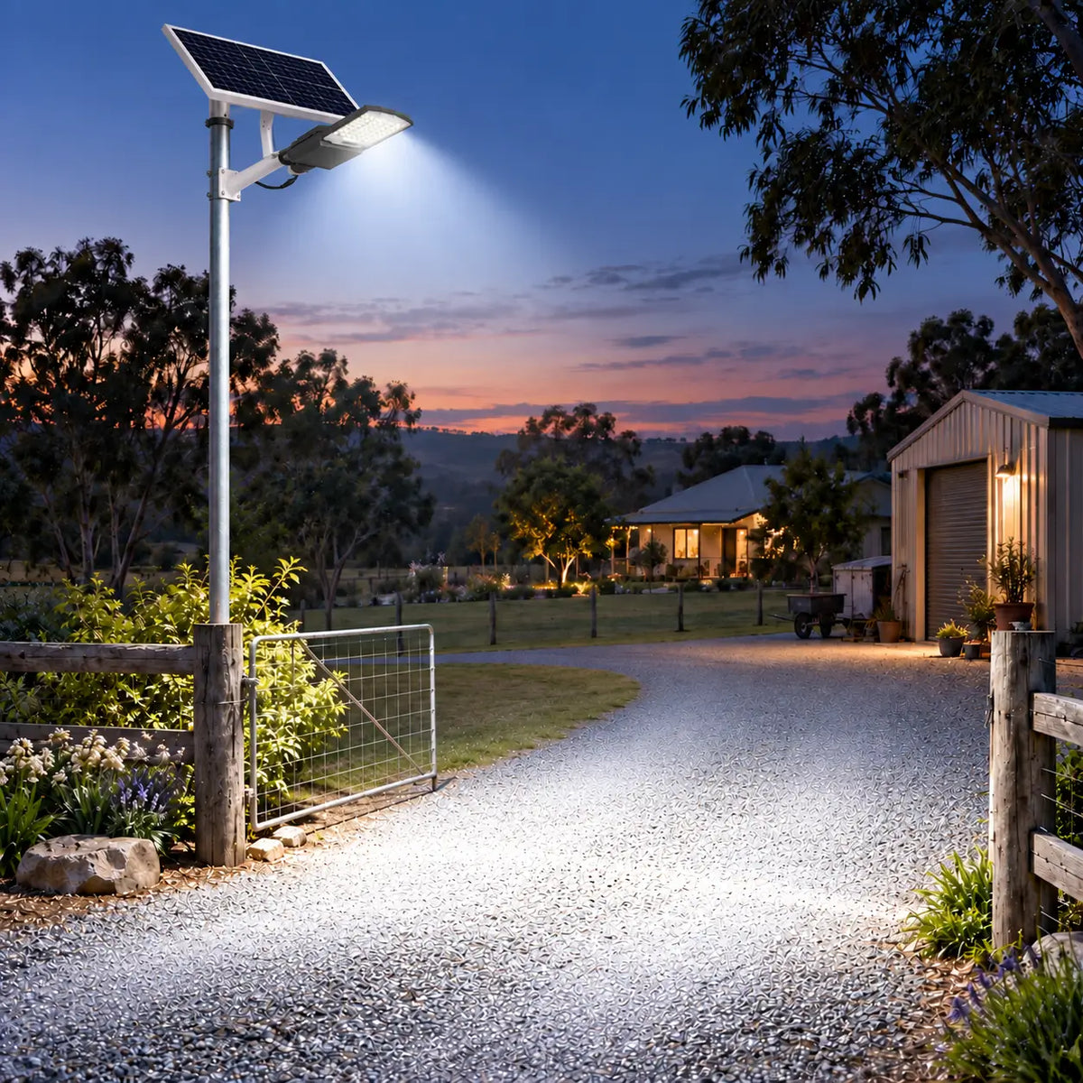 Rainman G20 solar street light mounted on a pole over a country farm gate fence providing bright dusk to dawn illumination for a rural property gravel driveway and shed at sunset.