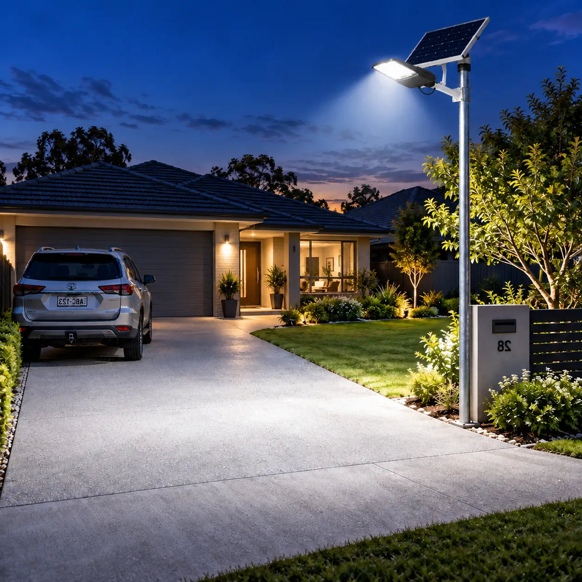 Rainman G20 solar street light mounted on a pole illuminating a residential home driveway and front yard entrance at night in an Australian neighborhood.