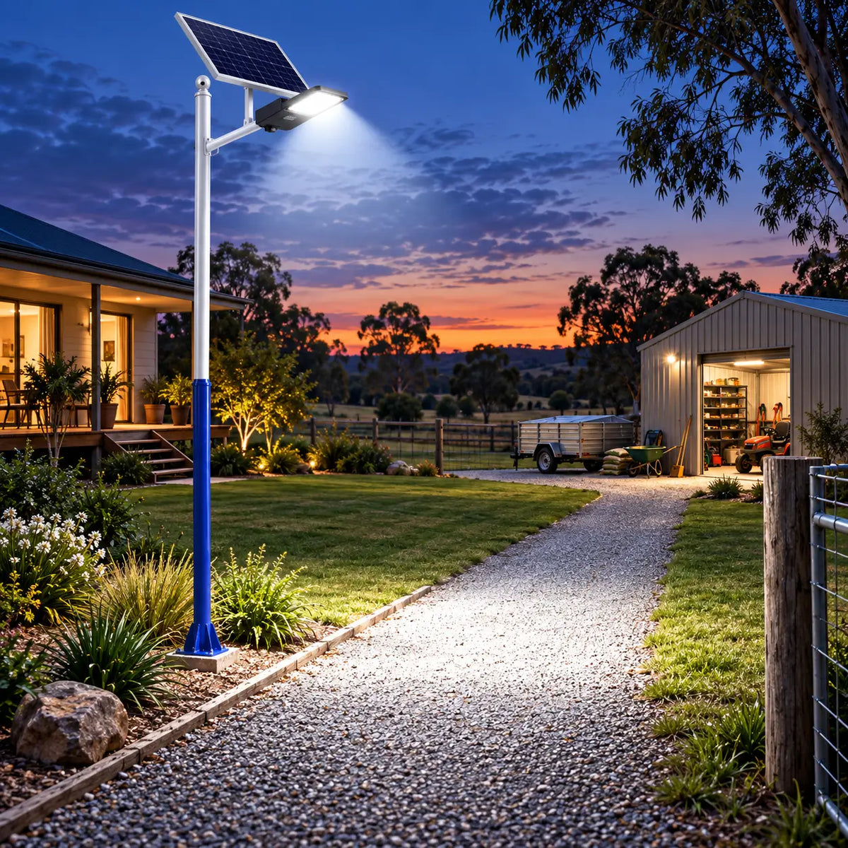 Rainman G20 solar street light mounted on a blue-based pole illuminating a long gravel path running between a country farmhouse veranda and an open machinery shed at dusk.