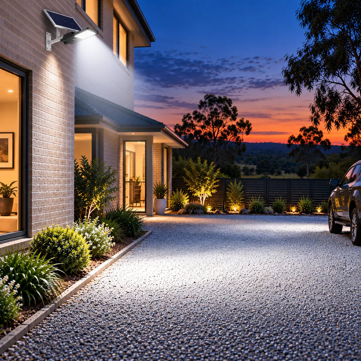 Rainman G20 solar street light mounted directly to an exterior brick wall illuminating a gravel driveway and home entrance path at sunset on an Australian acreage property.