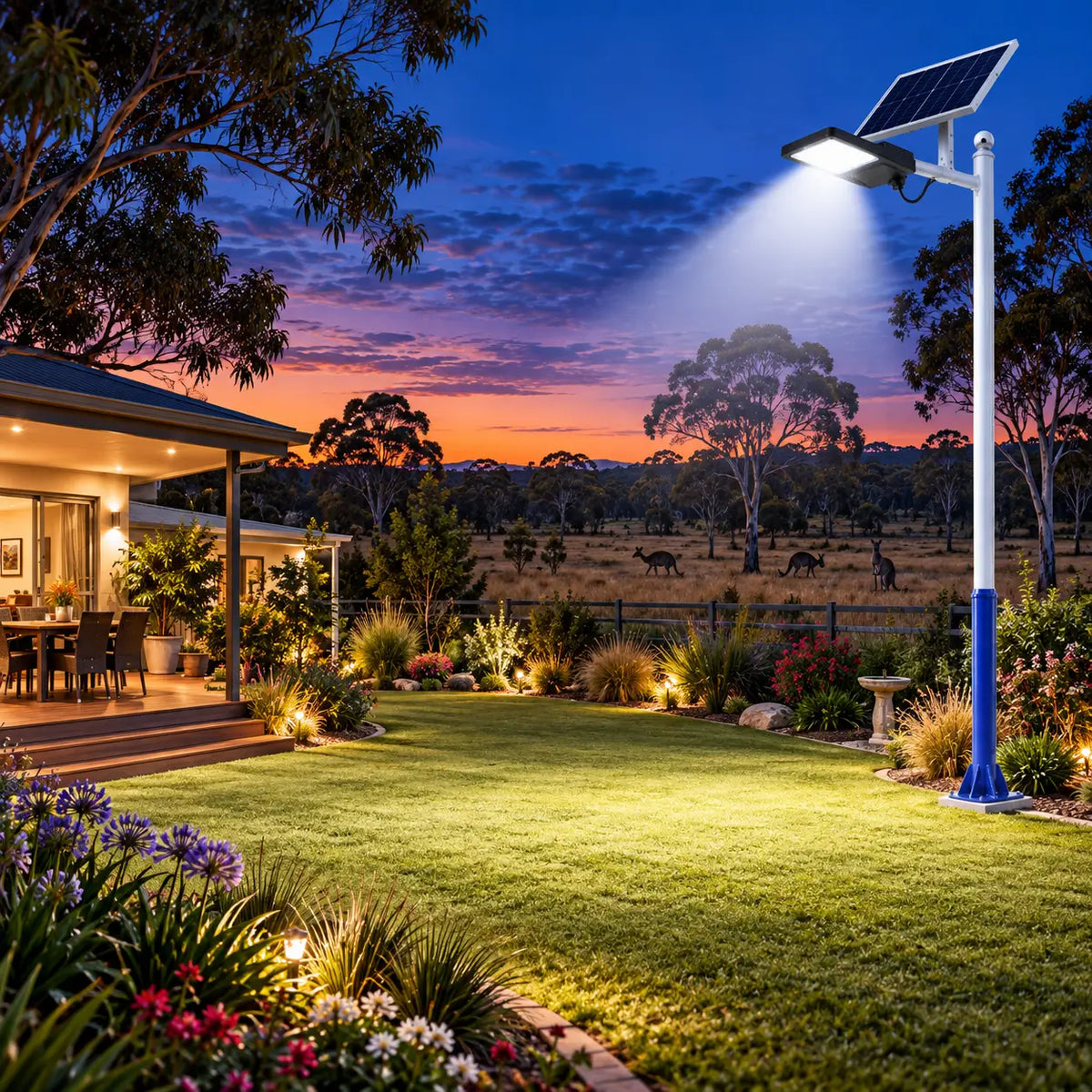 Rainman G30S solar street light pole-mounted alongside a residential rural property backyard lawn, casting bright wide angle illumination over an outdoor garden area and veranda alfresco deck at sunset with kangaroos visible in the background field.