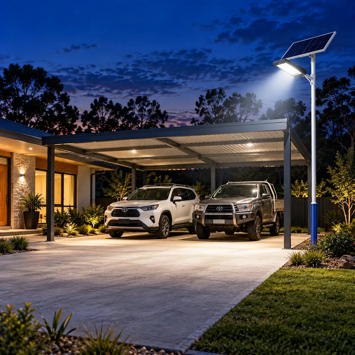 Rainman G30S solar street light pole-mounted next to a modern open-front double carport, brightly illuminating a family SUV and a 4x4 utility truck parked on a concrete driveway at night.